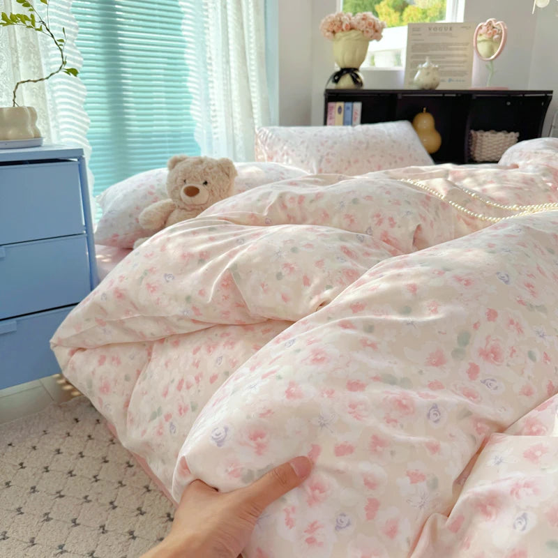 Cyflymder  INS Korean Style 2025 Floral Bedding Sets New Skin Friendly Soft Washed Cotton Printed Bed Sheet Sets
