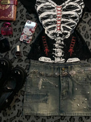 Cyflymder  Skull Print T-shirt Gothic Punk Slim Y2k Vintage Streetwear Crop Top Woman Clothing Short Sleeve Basics Hot Girl Emo Tees Summer