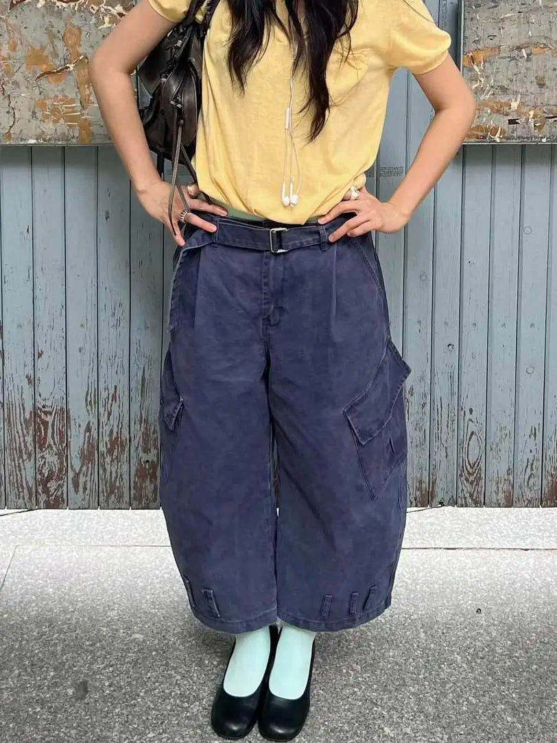 Cyflymder  American Retro Plus Size Washed Wide Leg Denim Pants Women Multi Pocket Belted Design Cropped Pants Chic Streetwear Daily Casual