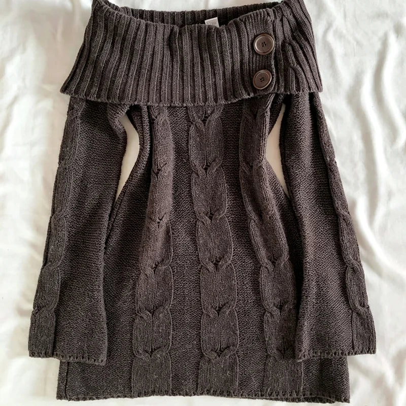 Cyflymder  Women's Dark Brown Knitted Sweater With Button Decoration High Street Off Shoulder Long Sleeved Retro Y2K Pullover Punk Gothic