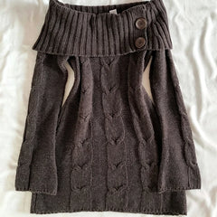 Cyflymder  Women's Dark Brown Knitted Sweater With Button Decoration High Street Off Shoulder Long Sleeved Retro Y2K Pullover Punk Gothic