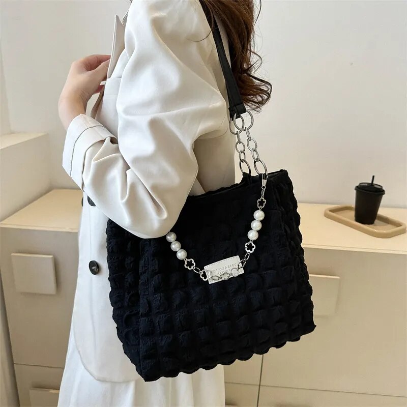 Cyflymder Large Capacity Ladies Tote Bag Fashion Plaid Women's Beaded Chain Shoulder Bags Soft Fabric Commuter Female Handbags Purse
