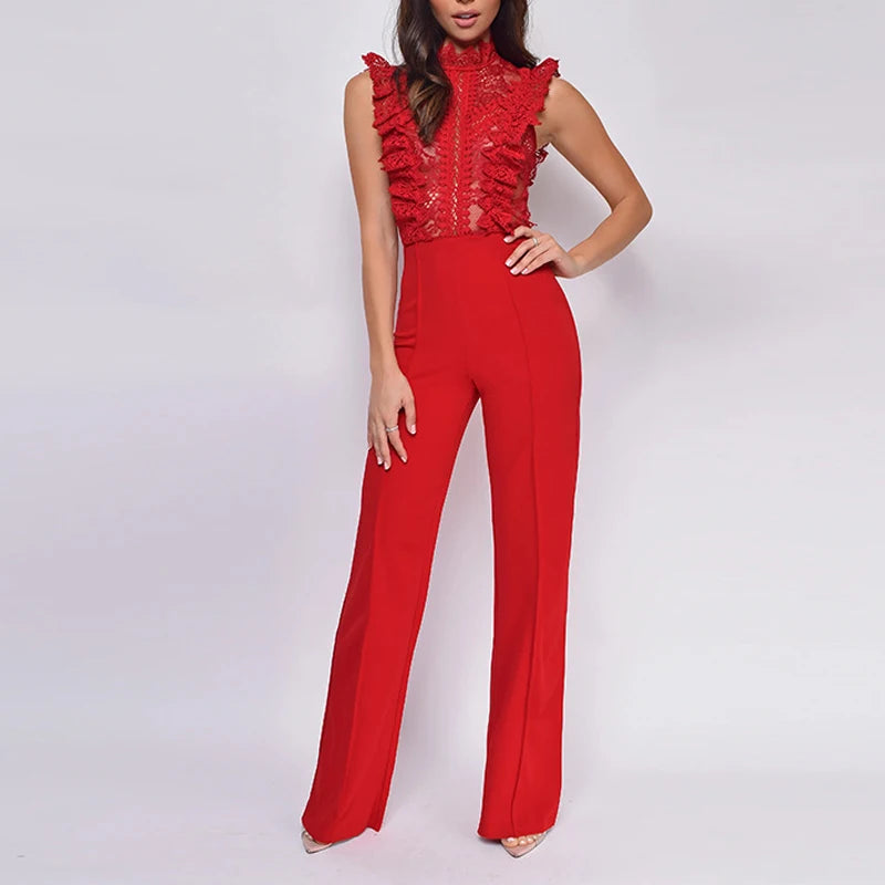 Cyflymder  Stand Collar Sleeveless One Piece Jumpsuits Sexy Lace Patchwork Sheer Straight Rompers Women Elegant Waist Solid Long Playsuits