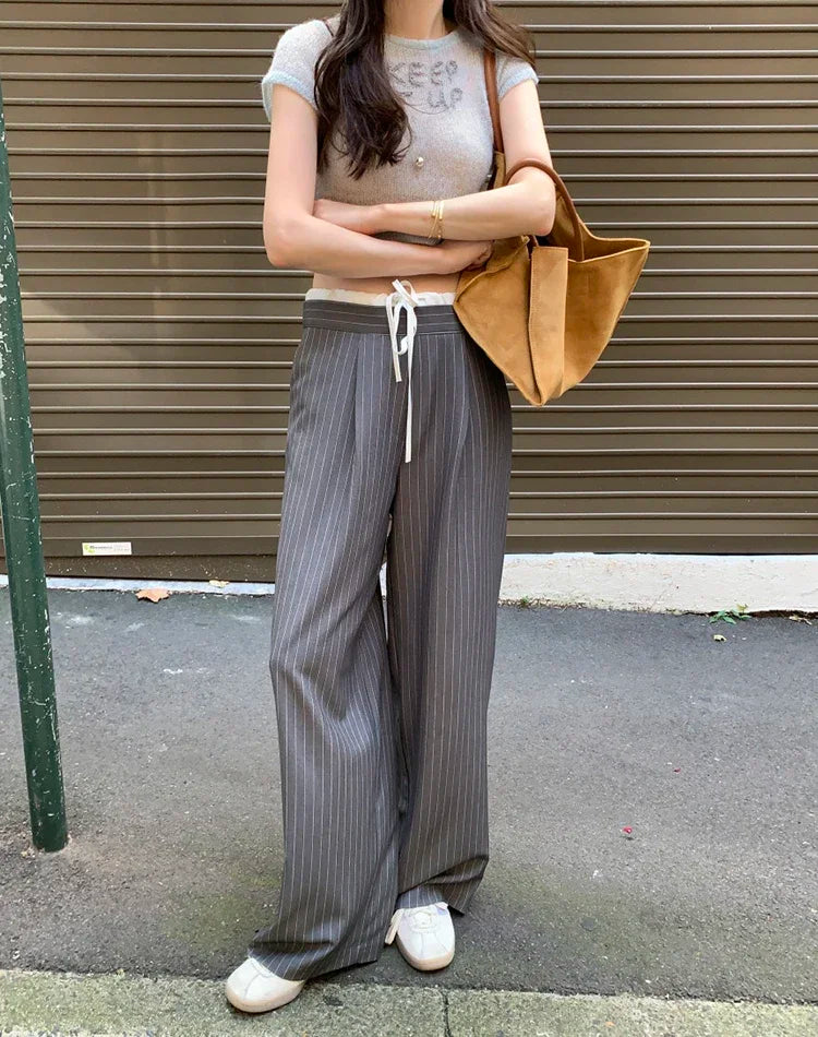 Cyflymder  Korean chic spring retro niche splicing high waist lace up versatile slim striped casual pants wide leg pants long 2025 New
