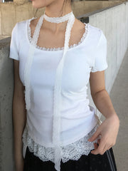 Cyflymder  Casual Lace Trim Folds T Shirt With Scarf Sweet Slim Solid Square Collar Short Sleeve Tees Women 2025 Summer Fashion