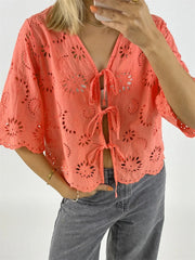 Cyflymder  Women s Short Sleeve V-Neck Hollow Out Casual Blouse Tie Front Solid Color Loose Fit Summer Top Streetwear Fashion