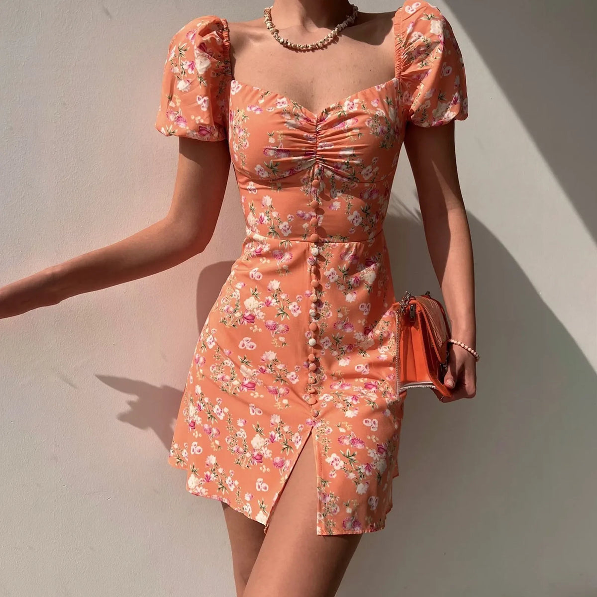 Cyflymder  Female Dresses Women'S Skirt V Neck Fashionable Bubble Sleeve Floral Shorts Dress Party Dresses With Printing Vestidos Femenino