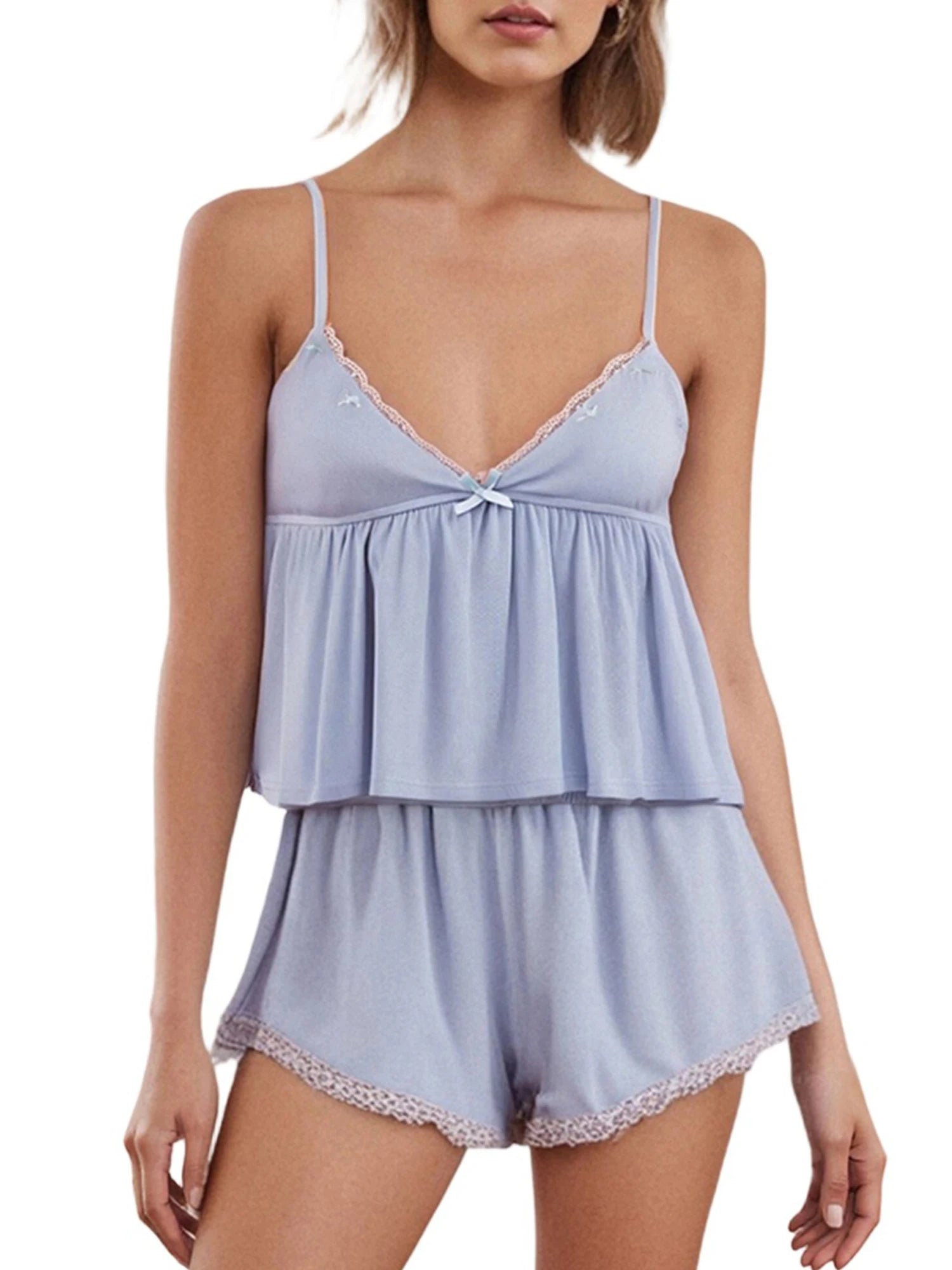 Cyflymder  Elegant Floral Lace Trimmed Camisole and Shorts Set for Women Perfect for Summer Loungewear 2 Piece Pajama Set