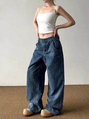 Cyflymder   American Vintage Paris Buckle Design Slub Cotton Denim Jeans Street Style Unique Straight Leg Loose All Match Long Pants