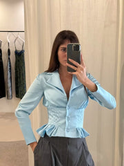 Cyflymder  Women Satin Solid Long Sleeve Shirt Notched Lapel Button Front Waist Ruffle Hem Shirts Office Lady Business Casual Blouses