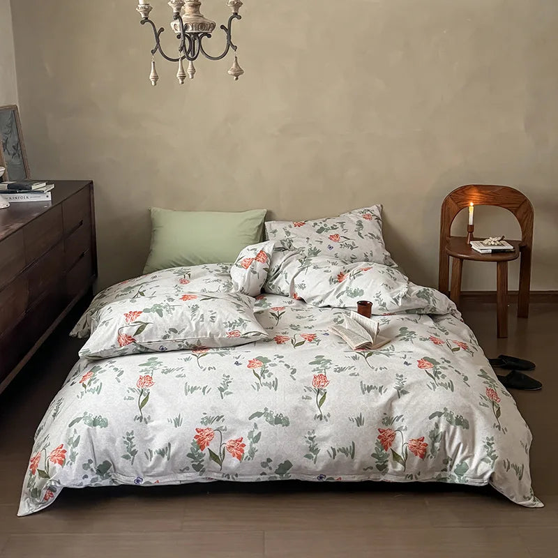 Cyflymder  New 100% Cotton Floral Print Bedding Sets Cozy Skin Friendly Soft Comforter Set Naked Sleeping Textile Supplies for All Seasons