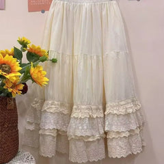 Cyflymder  Big Swing Lace Patchwork Elegant Summer Skirts Women Elastic Waist Retro Embroidery Ruffle Edge A-line Midi Skirt 285B