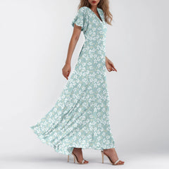 Cyflymder  Women V-neck Ruffle Short Sleeve Maxi Dress Waist Tight High-waist Hem Sweet Floral Print Elegant Dress Female Clothing Vestidos