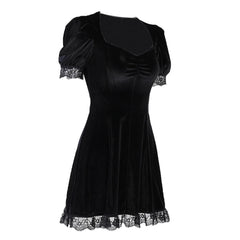 Cyflymder  Black Velvet Dress For Women Punk Style Halloween Short Sleeve Lace Gothic Dress Bodycon Pleated Low Cut Sexy Mini Dress