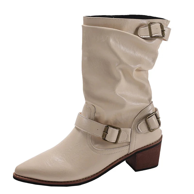 Cyflymder  Autumn Winter Vintage Thick Heel Women Western Cowboy Boots Slip On Belt Buckle Shoes Ladies Mid Calf Botas Zapatos De Mujer