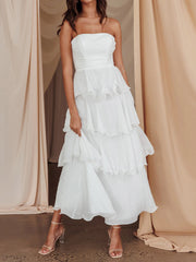 Cyflymder  Elegant Off-Shoulder Maxi Dress with Ruffle Detailing and Tiered Skirt for Women Summer Solid Color Backless Dress