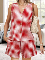 Cyflymder  Stylish Women s 2-Piece Set with Plaid Print V-Neck Tank Top and Elastic Shorts Perfect for Club and Streetwear Fashion
