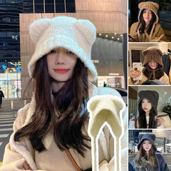 Cyflymder Cute Girl Knit Ear Protection Hat Bear Women Earmuffs Cap Woolen Crochet Bonnet Solid Color Hood Beanies Winter Warm Headgear