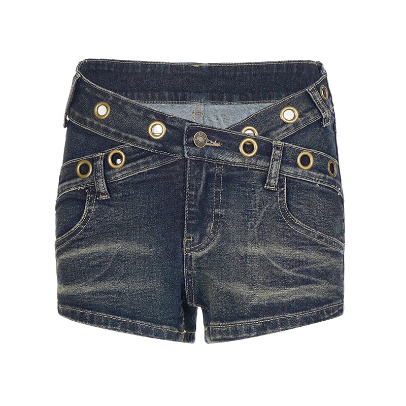 Cyflymder  Streetwear Fashion Low Waisted Metal V-Head Denim Tight Shorts Women Washed Button-Fly Pockets Micro Jeans Hottie Bottom