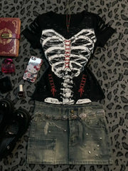 Cyflymder  Skull Print T-shirt Gothic Punk Slim Y2k Vintage Streetwear Crop Top Woman Clothing Short Sleeve Basics Hot Girl Emo Tees Summer