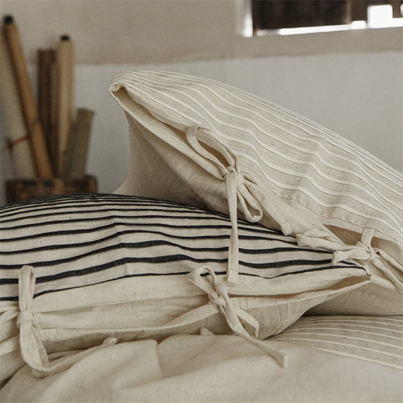 Cyflymder  Linen Cotton Simple Stripes Jacquard Nordic Style Bedding Set Single Double Queen King Duvet Cover Flat/Fitted Sheet Pillowcase
