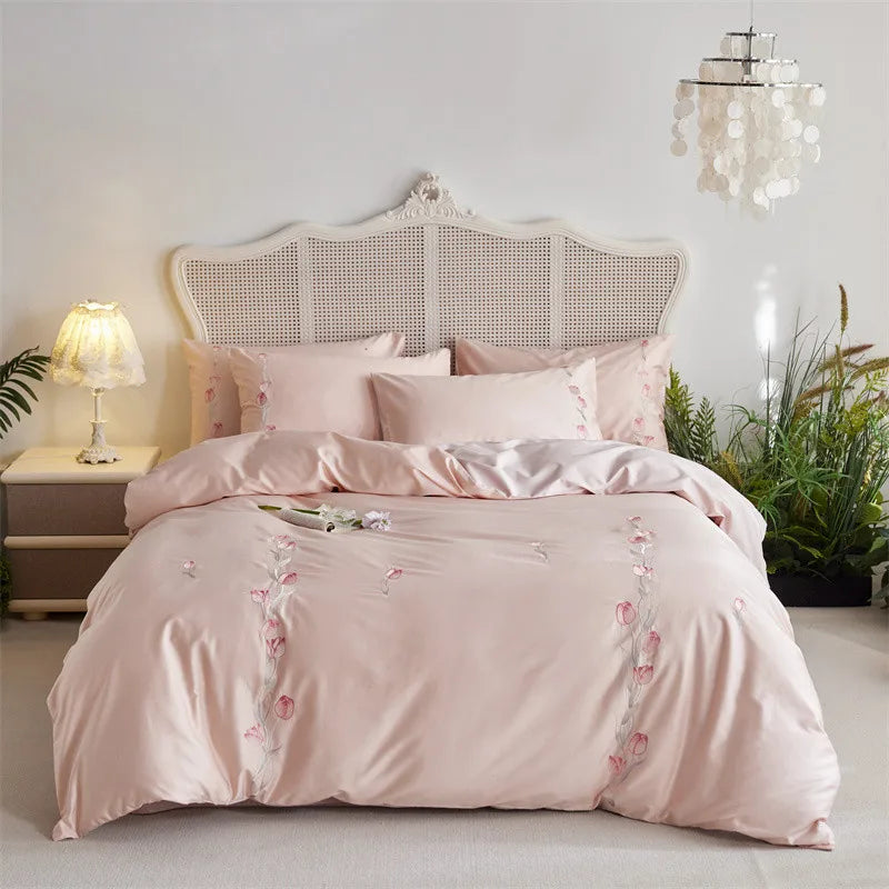 Cyflymder  Long-staple Cotton Floral Blossom Embroidery Comfortable Ultra Soft (1Duvet Cover+1Flat Bedsheet/Fitted Bedsheet+ 2Pillowcases)