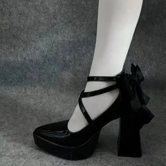 Cyflymder   Black Cross Striped Mary Jane Shoes Women,British Style Round Toe High Heels, Thick Soled Coarse Single Shoes