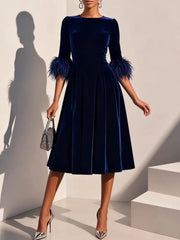 Cyflymder  Spring Autumn 3/4 Sleeve Elegant Velvet Midi Dress Women's Clothing Casual Party Work Evening Sheath Office Lady Dresses