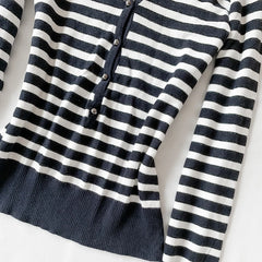 Cyflymder  Y2K American Retro Womens Hooded Knit Top Slim Half Button V Neck Long Sleeve Thin Knit Navy White Stripe Pullover Casual