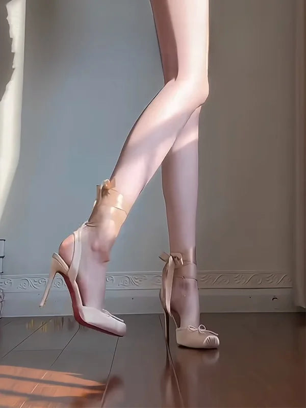 Cyflymder  Red Sole Satin Ballet Girl  Knot Head Cover Sandals High Heels Design Pig Nose Faionable Commute Low Help Footwear