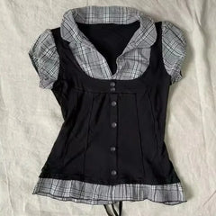 Cyflymder  Subcultural Spliced Plaid Conctrast Color Fake Two Piece Y2k Aesthetic Japanese High Street Buttons Punk T Shirt Retro Clothes