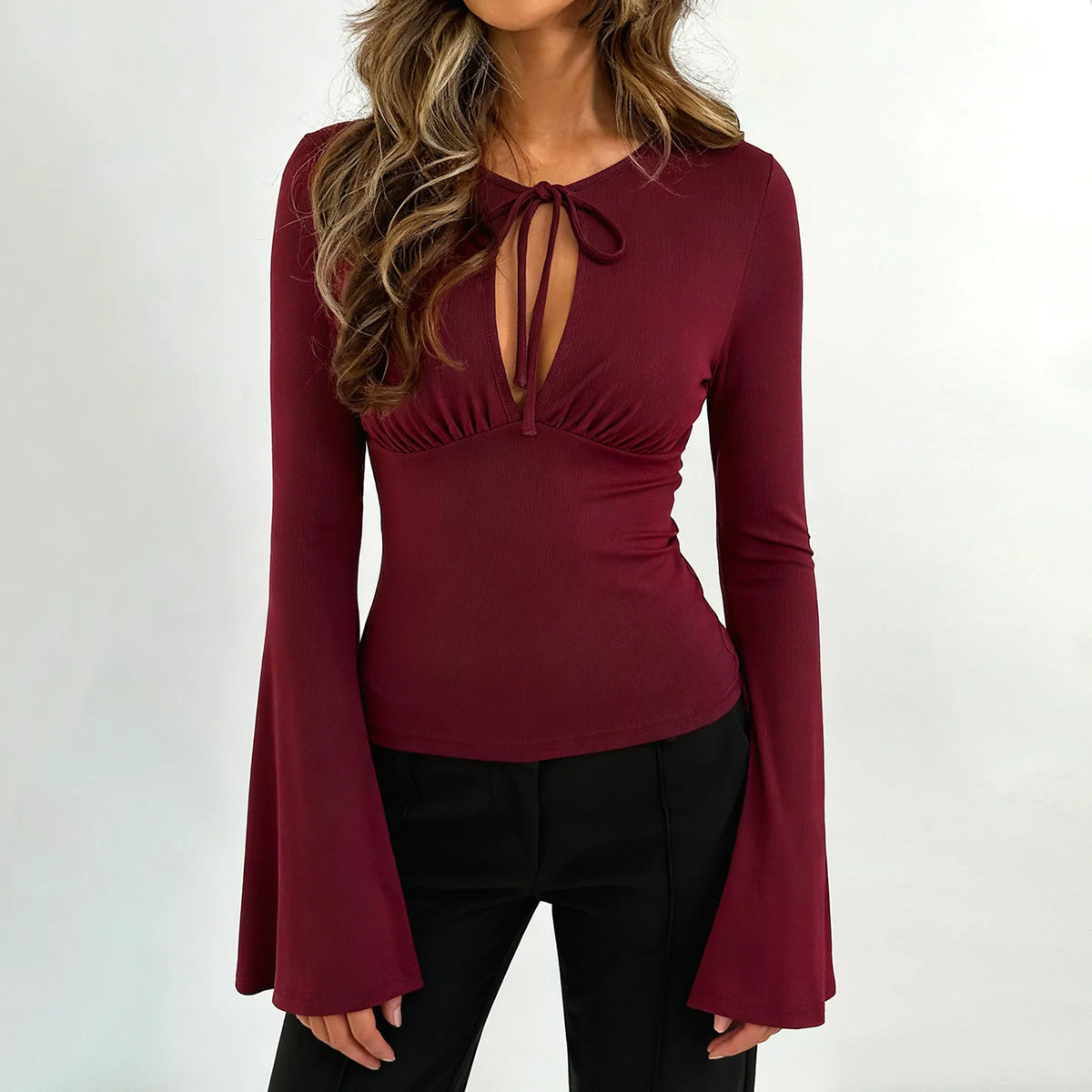 Cyflymder  Hot Girl Style Design Hollow Bow Tie Solid Color Hot Girl Top Slim Fit Trumpet Sleeve T-shirt
