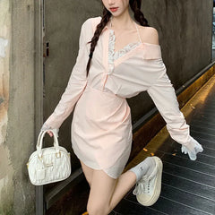 Cyflymder  Pink Long Sleeve Waist Mini Dress Women's Clothing Solid Color Spring Autumn Elegant Bag Hip Aura V-Neck Lace Patchwork Dresses