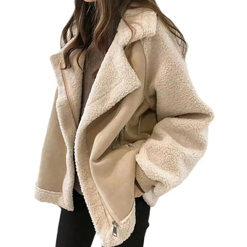 Cyflymder aspen outfits winter  Fall Winter Women Jacket Thick Heat Retention Loose Women Coat Turn-down Collar Long Sleeves Lambswool Windproof Coat