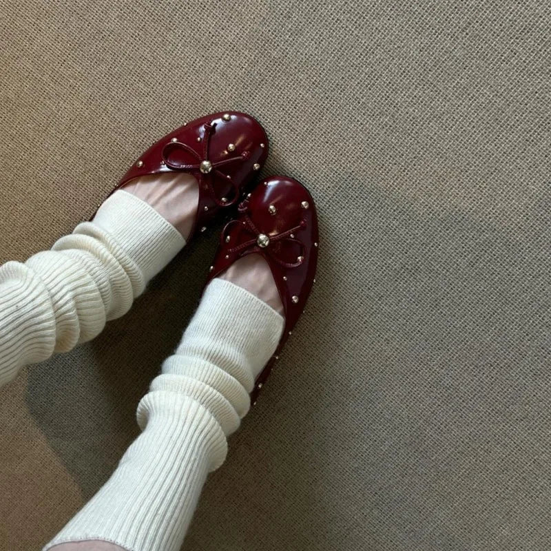 Cyflymder  Bordered Rivets Pumps Bows Leather  Round Toe Flat with Slip-On Fashion Concise Sweet Sexy Luxury Women Outdoor Shoes New