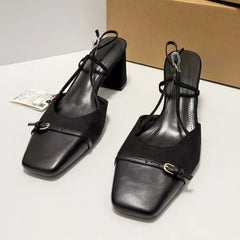 Cyflymder   Chunky Heels Summer Women Slingback Sandals Vintage Square Toe Brown Suede Buckle Belt Patchwork Elegant Office Ladies Shoes