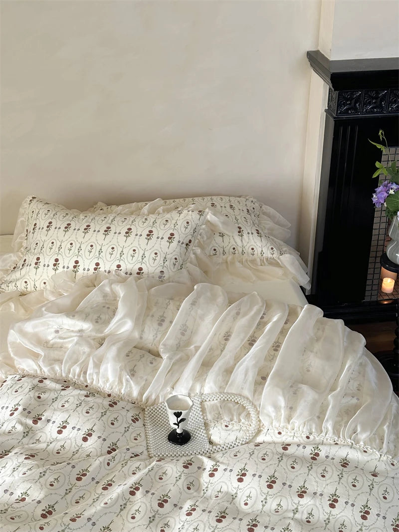 Cyflymder  4Pcs Vintage French Pure Cotton Rose Print Pleated Lace Ruffles Bedding Set Queen King Size Duvet Cover Set Bed Sheet Pillowcase