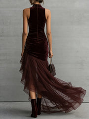 Cyflymder  Elegant Party Dress Velvet Halter Long Sleeveless Evening Dress Ruched Bodice Tulle Skirt Wine Red Maxi Dress For Woman On