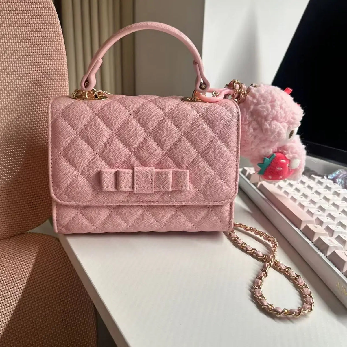 Cyflymder  Japanese Sweet Bow Handbag Women Diamond Pattern Chain Leather Large Capacity Shoulder Bag Ladies Fashion Pink Crossbody Bag New