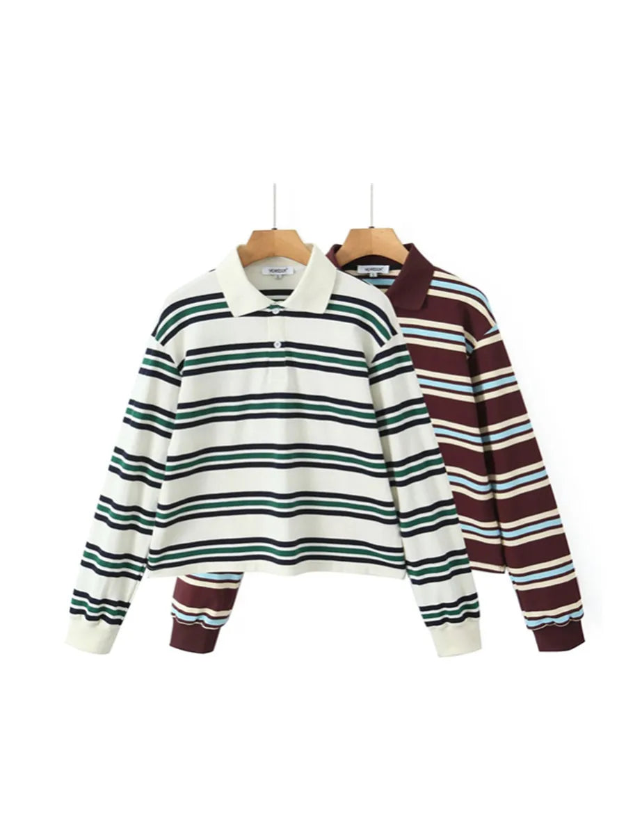 Cyflymder  Loose Fits Casual Street Sle T-irt  Collar Contrast Color Versatile Lazy Sli Top American Retro Striped