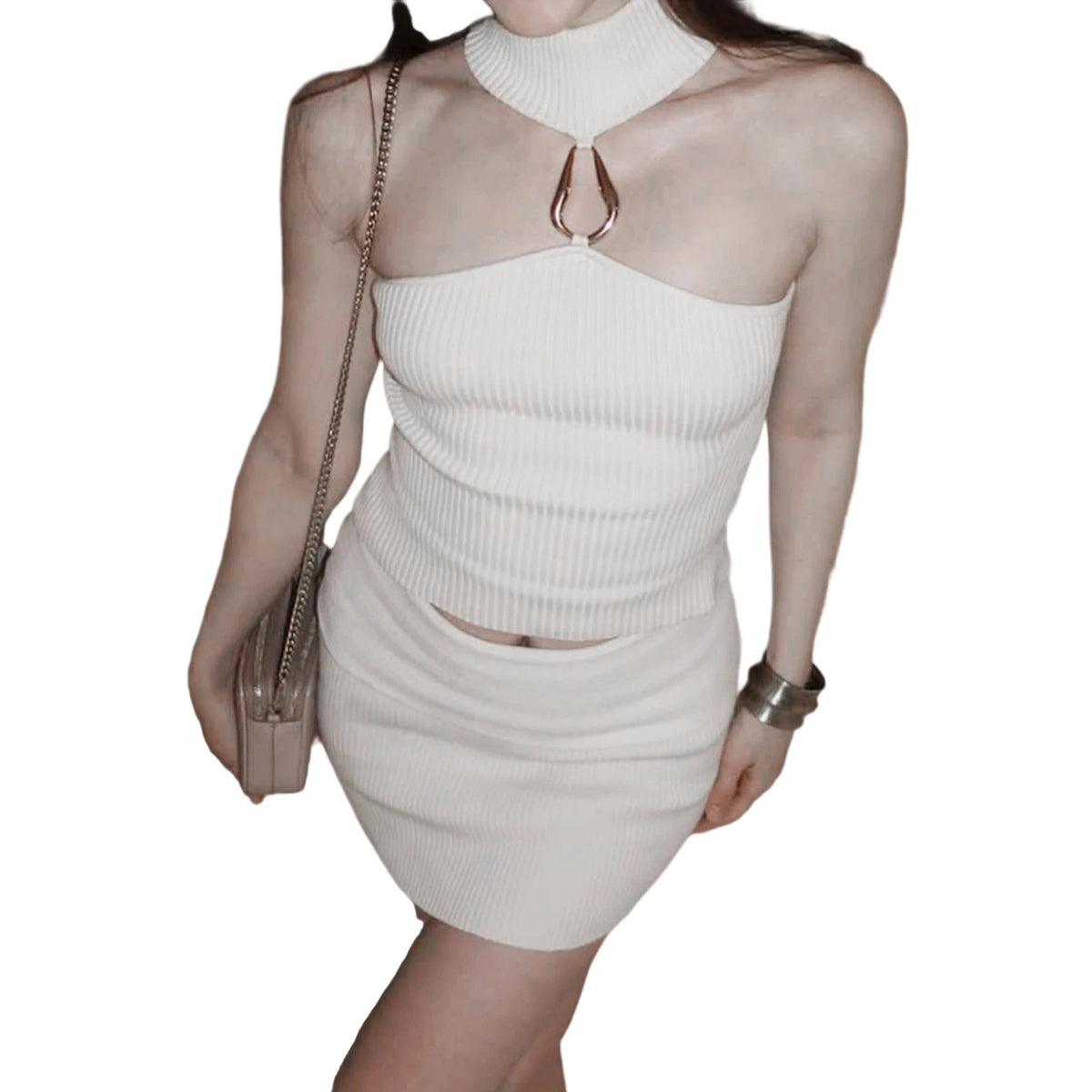 Cyflymder  y2k Women Knit Skirt Set Summer Stylish Solid Color Sleeveless Halter Crop Tops and Mid Rise Mini Skirt Party Clubwear