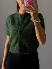 Cyflymder  Woman's Knitted Cardigan Round Neck Short Sleeve Single-breasted Solid Color Cropped Outerwear Sweater Jacket Simple Top