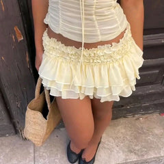 Cyflymder  Women Tiered Ruffle Mini Skirt Preppy Cute Elastic Waist Flowy Chiffon Micro Skirt Coquette Y2K Summer Skirt Bottoms