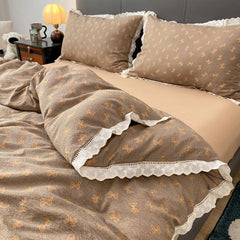 Cyflymder  INS French Lace Trim Bowknot Double Layer Gauze Quilt Cover Four-Piece Set Simple Bed Sheet Fitted Sheet Dormitory Three-Piece