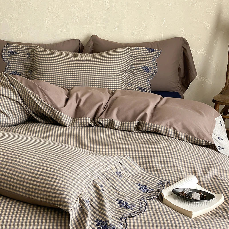 Cyflymder  Flowers Embroidery Ruffles Plaid Bedding Set Double Layer Crepe Yarn Pure Cotton Duvet Cover Flat/Fitted Bed Sheet Pillowcases