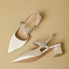 Cyflymder  Sandals Luxury Ladies Elegant Satin Rhinestone Thick Heel High Heels Single Shoes Summer New Pointed Back Empty Bag Head Sandals