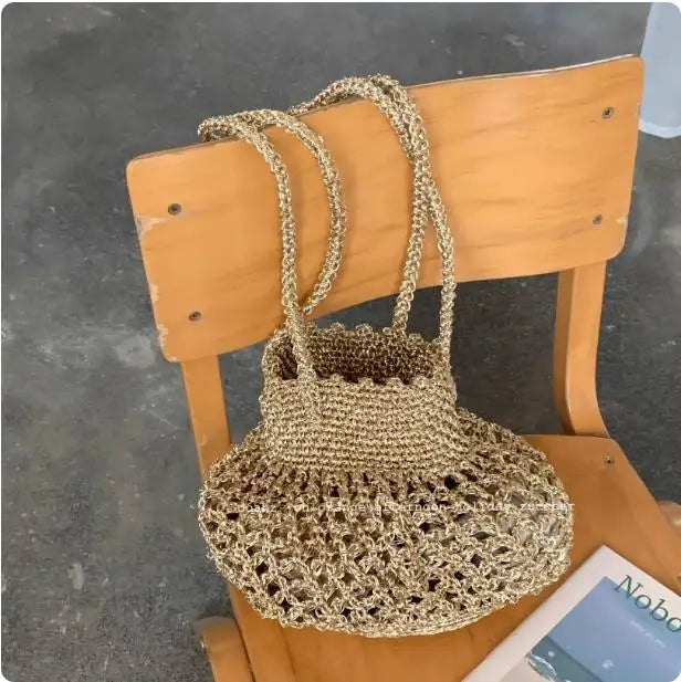 Cyflymder  Hollow Silver Bucket Bag Tote Metal Texture Woven Shoulder Bags for Women Handmade Crochet Knitting Handbag Shopper Tote Hobos
