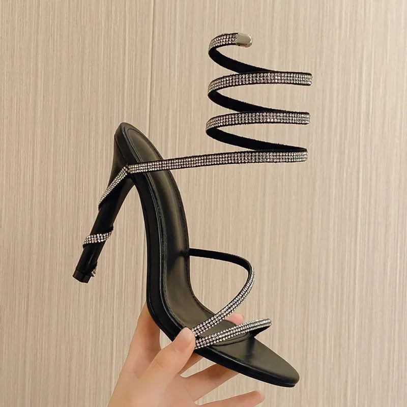 Cyflymder  Summer Luxury Crystal Snake Coiled Women Sandals Sexy Narrow band Thin High heels Wedding Party Female Gladiator Shoes