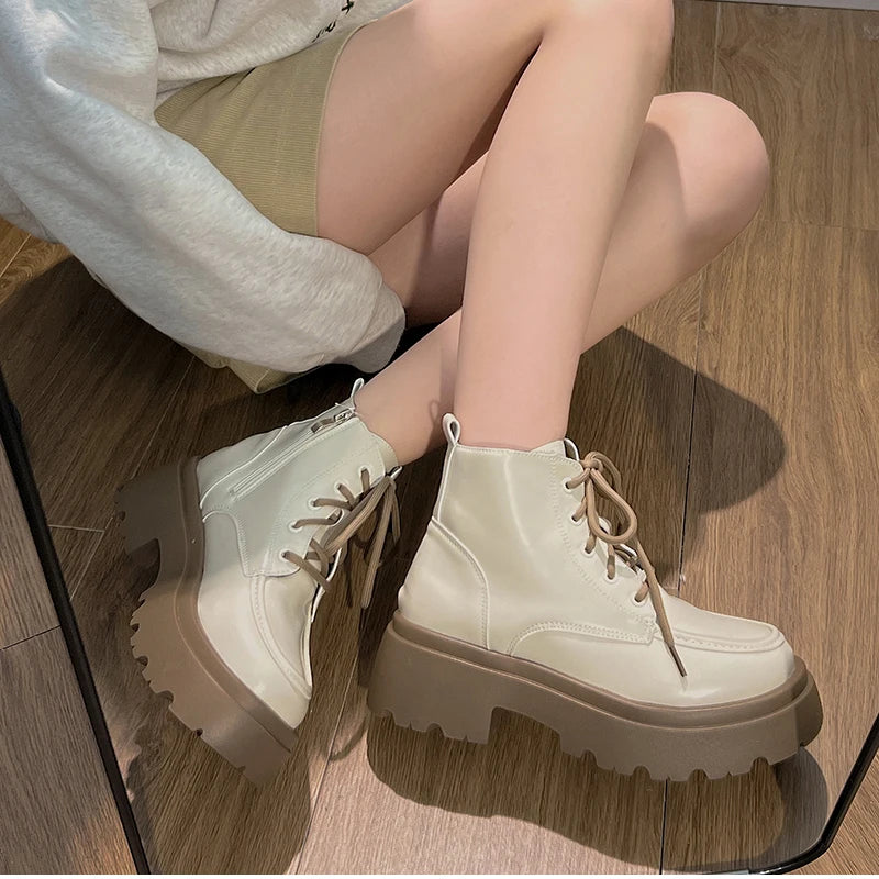 Cyflymder  Platform Thick Bottom Warm Short Plush Women Motorcycle Boots Fashion Lace Up Shoes Autumn Winter Female Short Booties