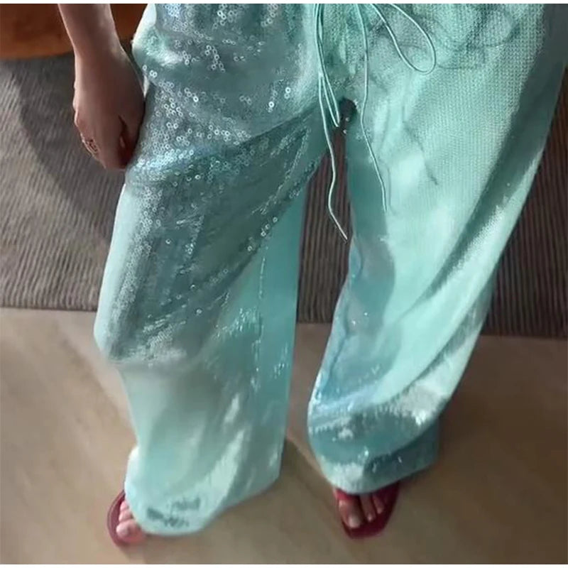 Cyflymder  Loose Solid Color Sequin Pants Woman Cinched Waist Glitter Straight Baggy Long Pants Casual Street Chic Sparkle Women's Trousers